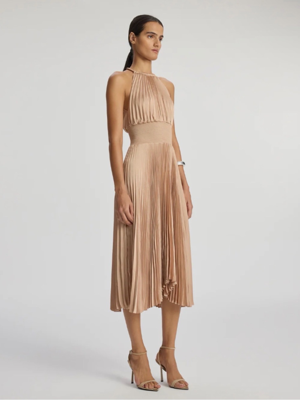 ALC Renzo II Dress - Sleeveless Pleated Halter Midi Dress in Beige
